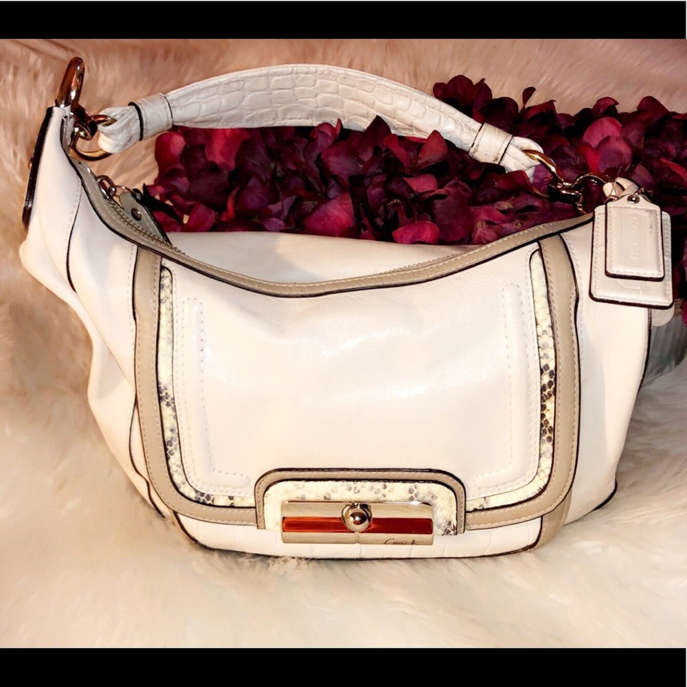 COACH Cream Leather Snake Print Shoulder Bag